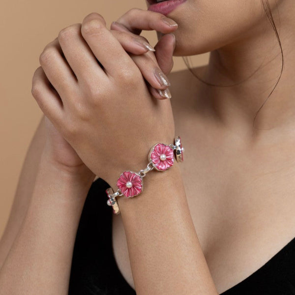 Pink Flower Mother of Pearl Sterling Silver Bracelet