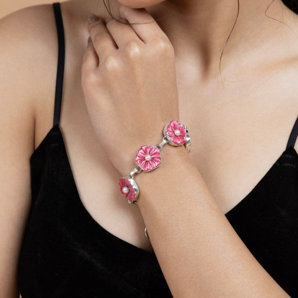 Pink Flower Mother of Pearl Sterling Silver Bracelet
