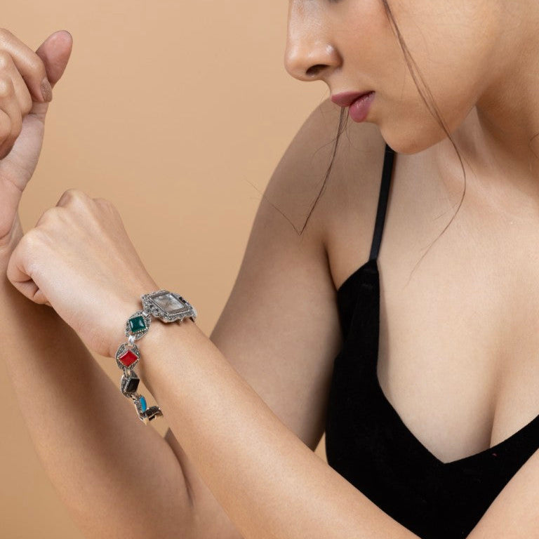 Vintage-Inspired Multi-Stone Sterling Silver Watch Bracelet
