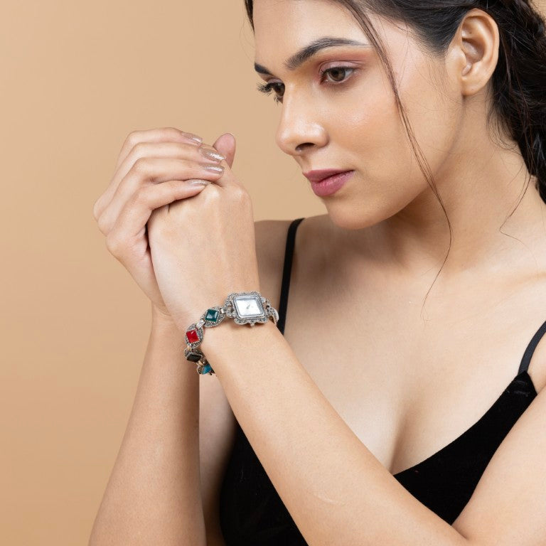 Vintage-Inspired Multi-Stone Sterling Silver Watch Bracelet