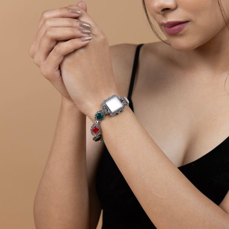Vintage-Inspired Multi-Stone Sterling Silver Watch Bracelet