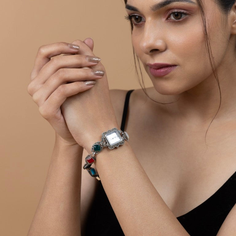 Vintage-Inspired Multi-Stone Sterling Silver Watch Bracelet