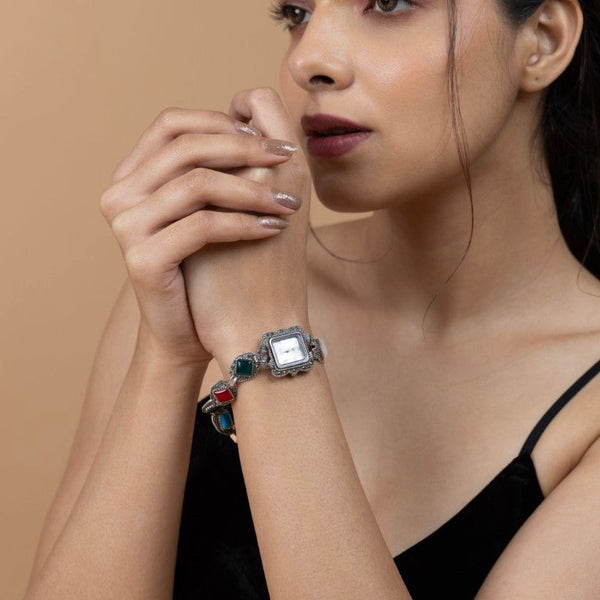 Vintage-Inspired Multi-Stone Sterling Silver Watch Bracelet