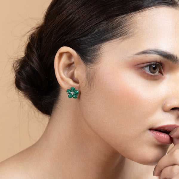 Green Flower Stud Earrings in Sterling Silver