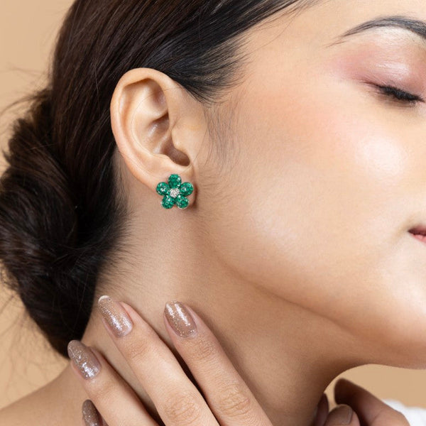Green Flower Stud Earrings in Sterling Silver
