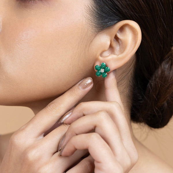 Green Flower Stud Earrings in Sterling Silver