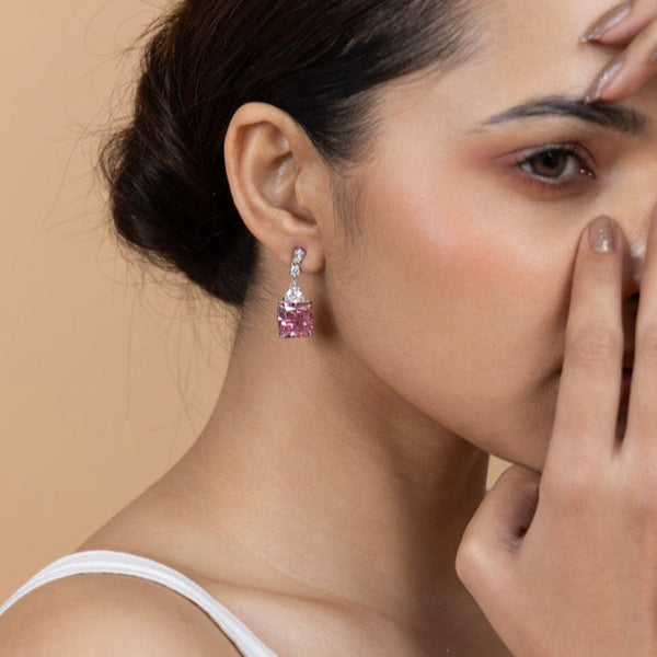 Pink Crystal Drop Earrings in Sterling Silver