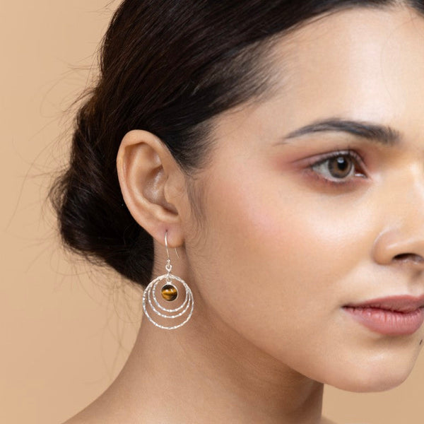 Tiger Eye Silver Hoop Earrings